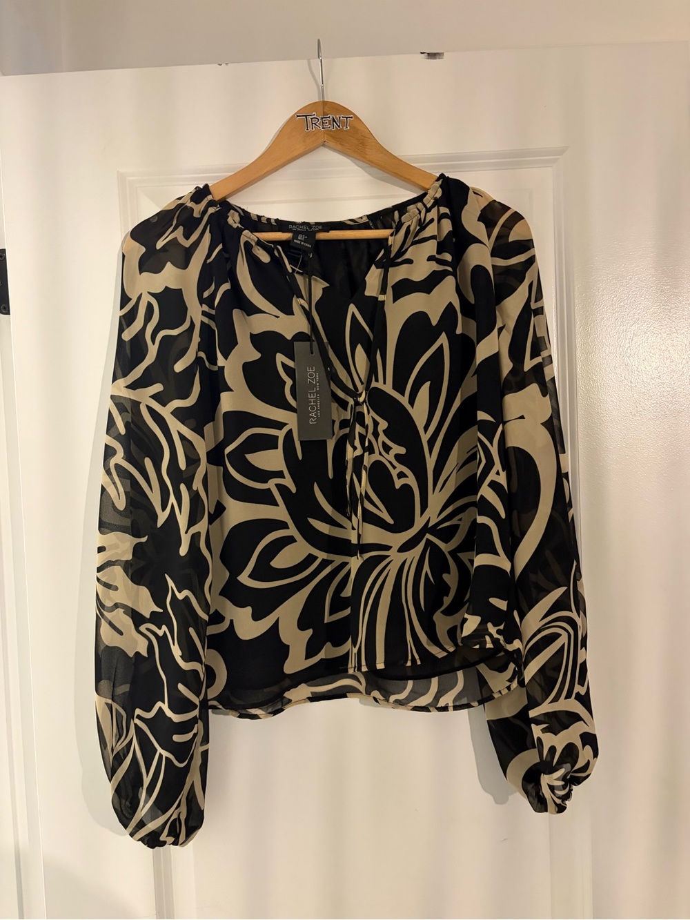 Rachel Zoe Black and Cream Floral Sheer Peasant Blouse